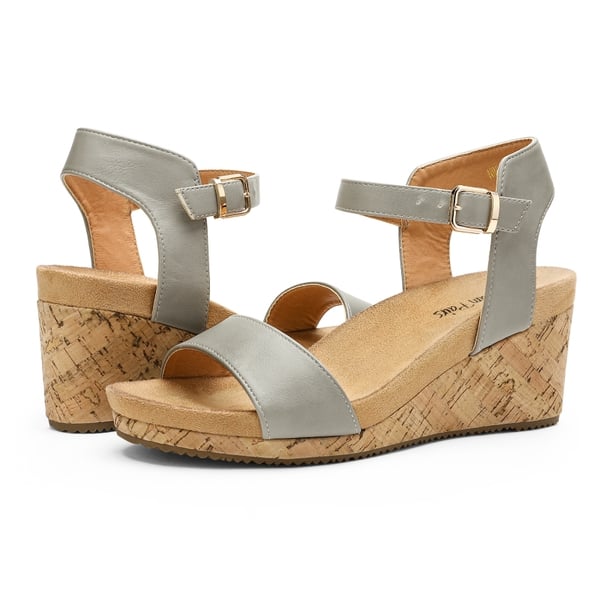 Buckle Platform Wedge Sandals - GREY PU - 3